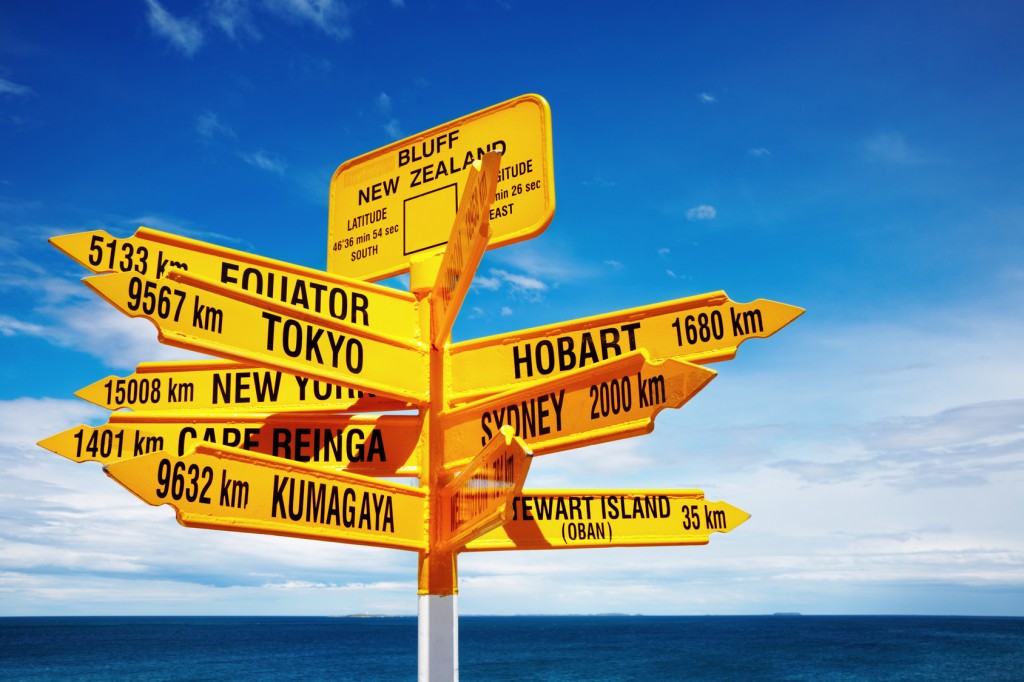 Signpost in the Stirling Point, Bluff, New Zealand