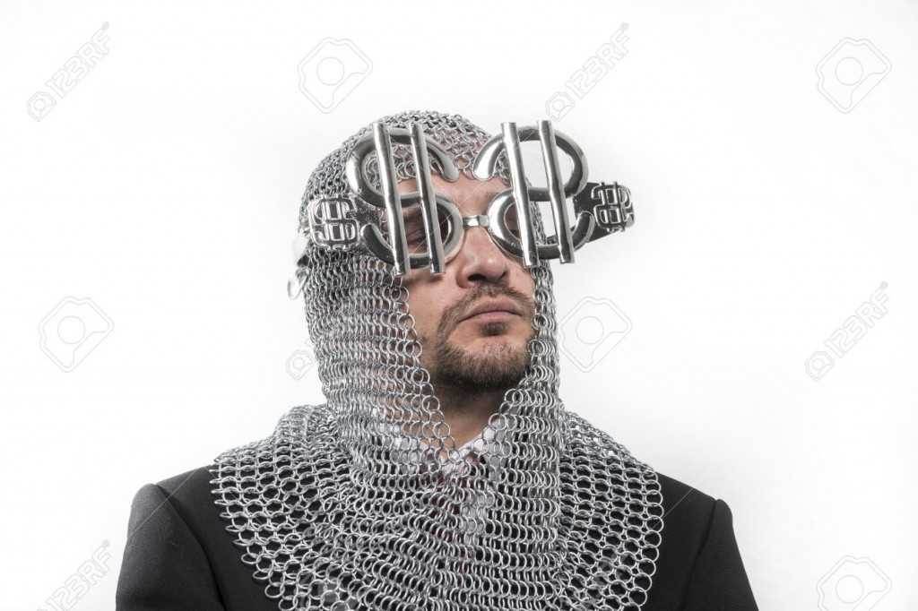 invest, businessman with medieval executioner in metal and silve